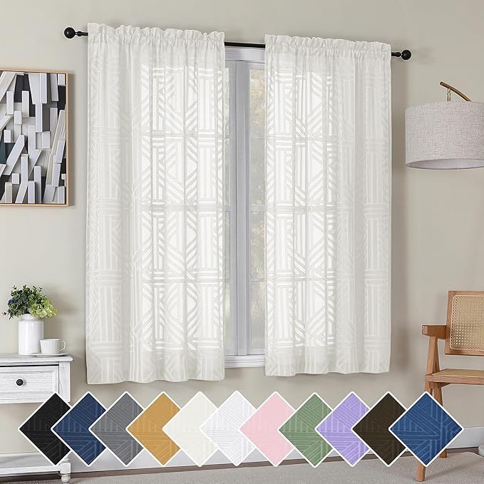 Simplebrand Ivory Semi Sheer Curtains 63 Inch Length 2 Panels, Light Filtering Geometric Jacquard Clip Textured Short Sheer Curtains for Bedroom，Modern Elegant Window Curtains Drapes，42x63 inch
