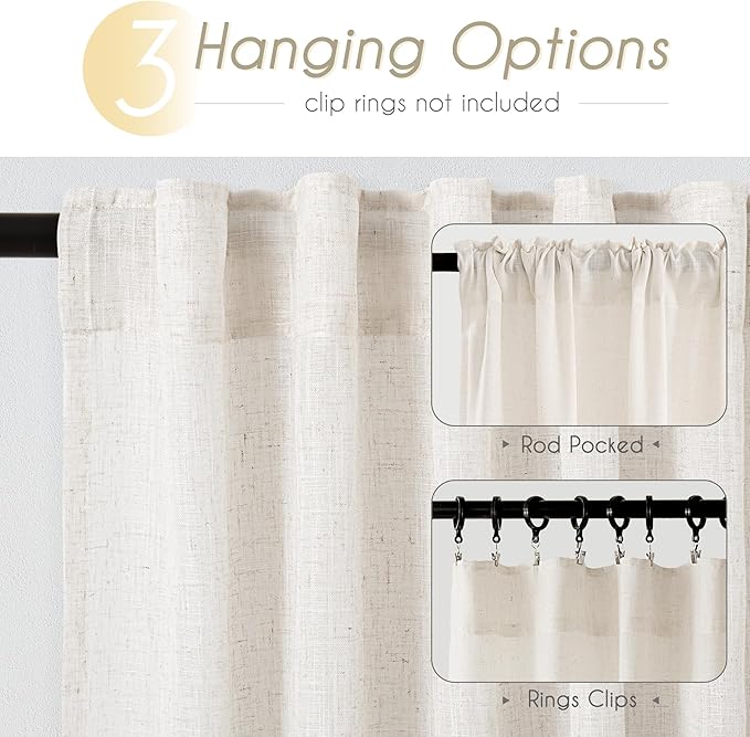 2 Panels Set Cream Linen Curtains 108 inches Long For Living Room Neutral Farmhouse Light Filtering Semi Sheer Linen Drapes 108 inch Ceiling To Floor For Large Window Villa Hallway Ivory FT 42x108