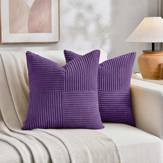Fancy Homi 2 Packs Purple Decorative Throw Pillow Covers 16x16 Inch for Living Room Couch Bed, Farmhouse Boho Home Decor, Soft Corss Patchwork Corduroy Textured Square Cushion Case 40x40 cm