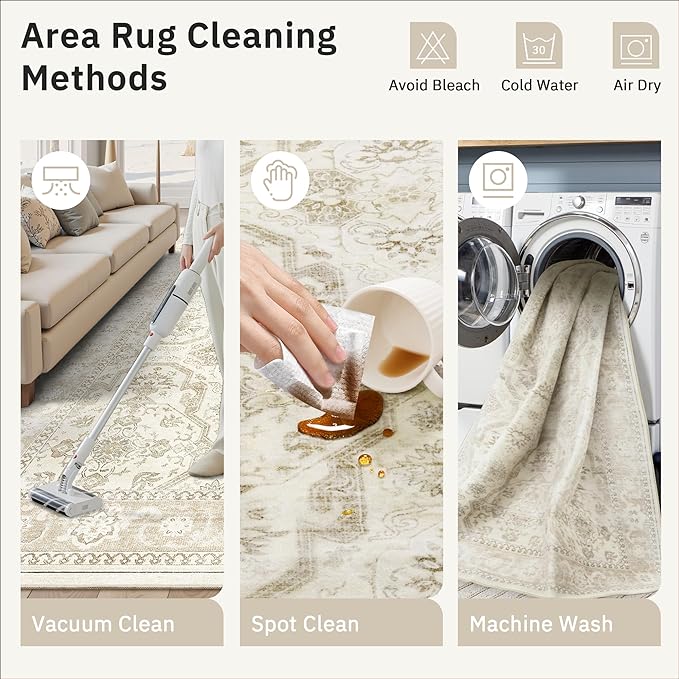 Soalmost 4x6 Area Rugs for Living Room, Vintage Washable Rugs for Dining Room, Bedroom, Home Office Decor, Non-Slip Beige/Brown Carpet Thin Rug