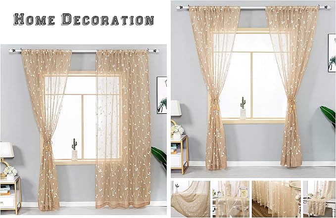 AmHoo 2 Panels Embroidered Leaf Pattern Semi Sheer Curtains Foliage Floral Voile Window Draperies Treatment for Bedroom Living Room Rod Pocket Beige 53 x 63 Inch