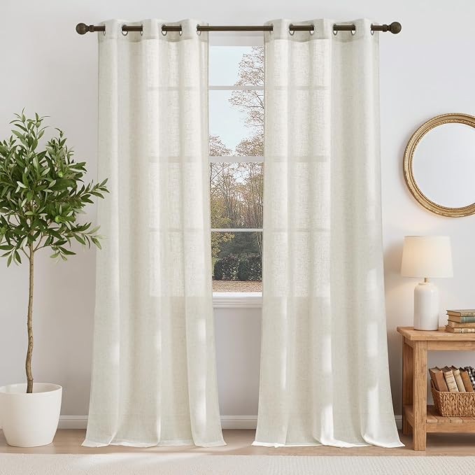 NICETOWN Linen Curtains for Bedroom 96 inch Long, Grommet Flax Linen Weave Window Curtains & Drapes Semi Sheer Privacy with Light Filtering for Living Room, W36 x L96, 2 Panels