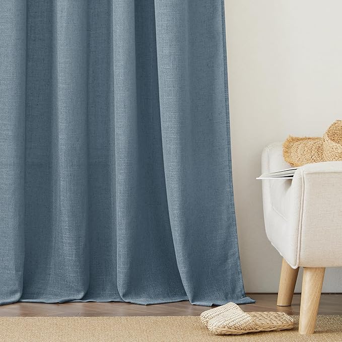 RYB HOME Linen Sheer Window Curtains - Half Privacy Light Filtering Rod Pocket Airy Drapes Small Window Treatment for Bedroom Bathroom Office, Stone Blue, 52 inch Wide x 63 inch Long, 2 Panels
