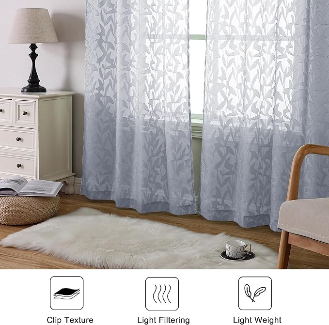 Lecloud Leia Light Grey Sheer Curtains 84 Inches Long 2 Panels, Semi Sheer Jacquard Leaves Textured Double Rod Pockets Window Curtains, Airy Durable Gauzy Drapes for Bedroom, 40 W x 84 L