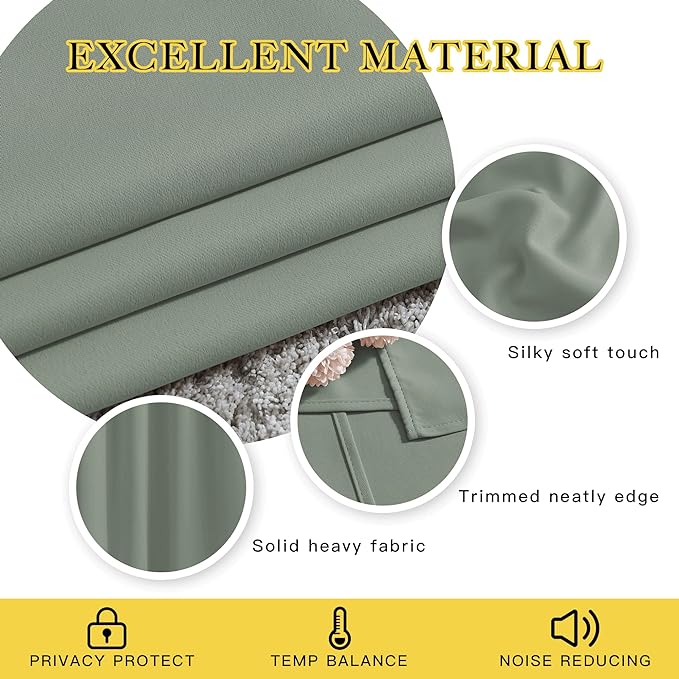 NICETOWN Blackout Sage Green Curtains for Cafe 36 inch Length, Grommet Room Darkening Sound Reducing Solid Window Treatments, W52 x L36, 2 Panels