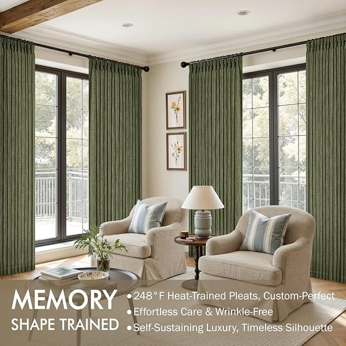 MIULEE Olive Green Pinch Pleated Thick Linen Curtains 102 Inches Long 2 Panels for Living Room Bedroom, Linen Texture Drapes Memory Trained Semi Sheer Moss Green Window Curtains with Hooks&Rings
