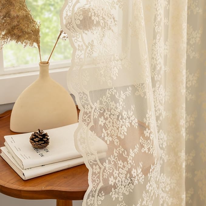 YJ YANJUN Vintage Lace Curtains 96 Inches Long-Victorian Floral Beige Sheer Curtains for Living Room Office Bedroom Light Filtering Embroidered Window Treatment Spring Summer Decor 8 FT 52Wx96L