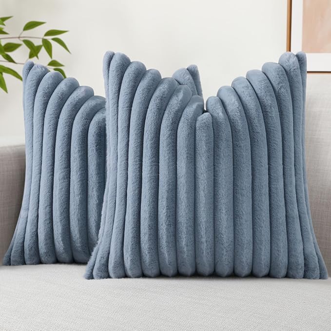 decorUhome Cozy Faux Fur Throw Pillow Covers 18x18 Set of 2 Decorative Soft Plush Striped Modern Farmhouse Boho Couch Pillow Cases with Velvet Back for Sofa Bed Living Room, Grey Blue
