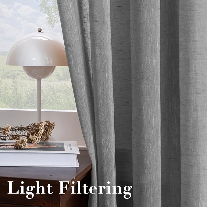 H.VERSAILTEX Linen Semi Sheer Curtains 63 Pair Set Linen Textured Sheer Curtains Nickel Grommet Window Treatment Panels for Bedroom, Open Weave, 52" W x 63" L, Charcoal Grey