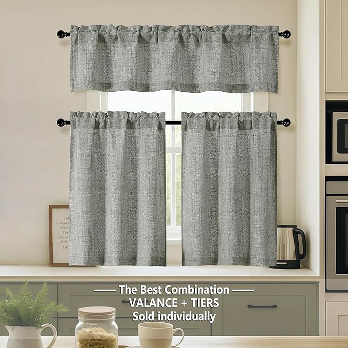 OVZME Valance for Windows, Light Filtering Faux Linen Textured Small Kitchen Valances for Windows, Dual Rod Pocket Farmhouse Short Curtain for Bathroom Basement, 52Wx18L inch, 1 Piece, Dark Grey
