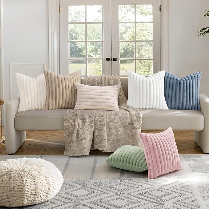 decorUhome Summer Cozy Faux Fur Throw Pillow Covers 16x16 Set of 2 Decorative Soft Plush Striped Modern Farmhouse Boho Couch Pillow Cases with Velvet Back for Sofa Bed Living Room, Pink