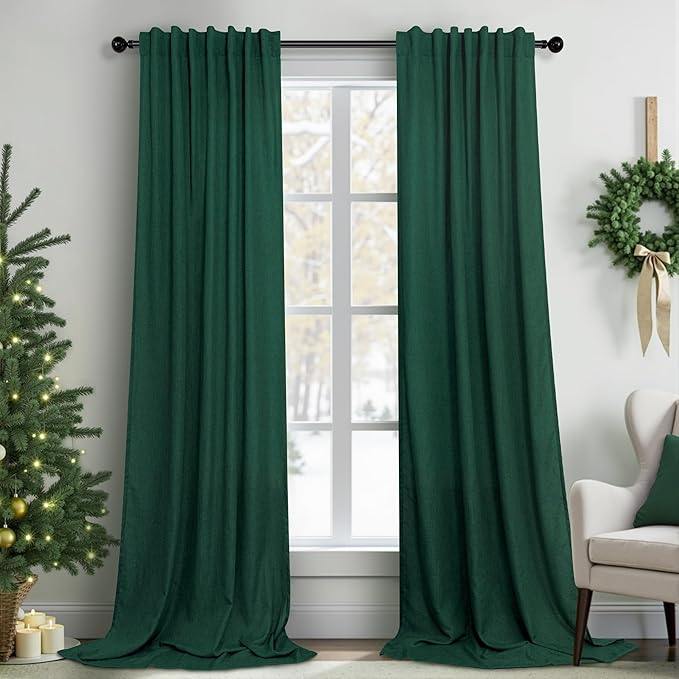 Dark Green Curtains 108 Inches Long for Living Room 2 Panels Back Tab Pocket Semi Sheer Linen Deep Hunter Forest Curtains for Patio Door Aesthetic Academia Decor Christmas Background Cortinas Verdes
