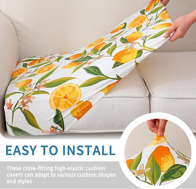 hyha Printed Couch Cushion Covers, Floral Sofa Covers Washable for Cushion Couch, Stretch Pattern Outdoor Cushion Covers for Patio Furniture with Elastic Bottom(Small, Lemon)