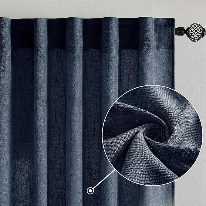 MIULEE Navy Blue Linen Curtains 108 Inch Length 2 Panels for Bedroom Living Room, Soft Thick Linen Textured Natural Window Drapes Semi Sheer Light Filtering Back Tab Rod Pocket Burlap Look Decor