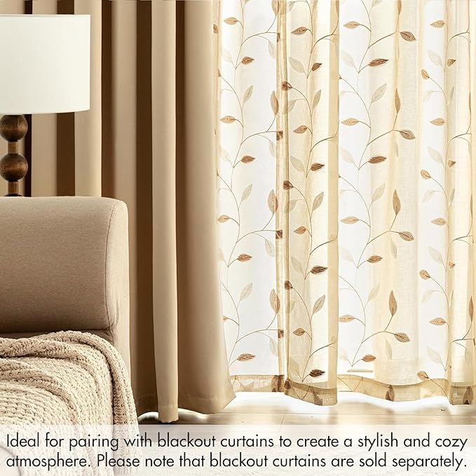 MIULEE Beige Sheer Curtains 2 Panels Embroidered Leaf Patterned Rod Pocket Floral Semi Sheer Faux Linen Window Curtains Drapes Set for Living Room Bedroom Dining Room, 52x96 Inches Long