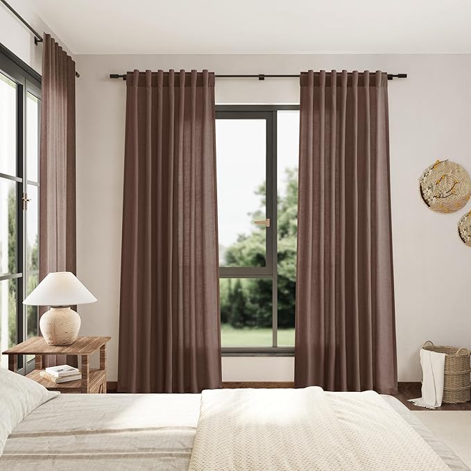 Nanspring Mocha Mousse Curtains 90 Inch Length 2 Panel Set Back Tab Rod Pocket Linen Boho Semi Sheer Light Filtering Neutral Farmhouse Decor for Living Room and Bedroom 52x90