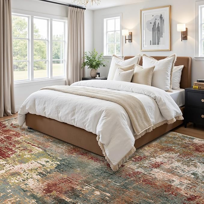 Washable Area Rugs 5'x8' Non-Slip Modern Abstract Soft for Living Room Entryway Bedroom Nursery, Print Pattern, Brown Rust Red Green Blue Multi