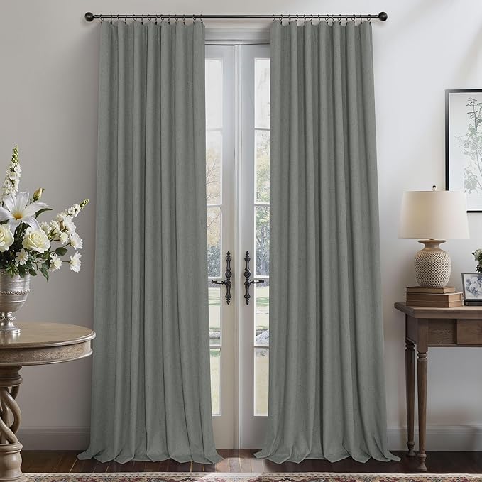 Grey Blackout Curtains for Bedroom 84 Inch Length 2 Panel Linen Textured Thermal Insulated Winter Blocking Darkening Window Drape Black Out Long Curtain for Living Room Sliding Door Back Tab Dark Gray