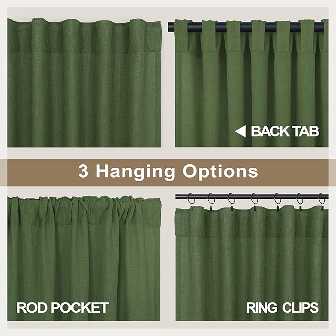 Pitalk Olive Green Curtains 63 Inch Length for Living Room 2 Panels Set Back Tab Rod Pocket Pleated Look Semi Sheer Linen Green Curtains for Bedroom Boho Decoration 52x63 in Long