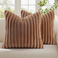decorUhome Cozy Faux Fur Throw Pillow Covers 16x16 Set of 2 Decorative Soft Plush Striped Modern Farmhouse Boho Couch Pillow Cases with Velvet Back for Sofa Bed Living Room, Brown