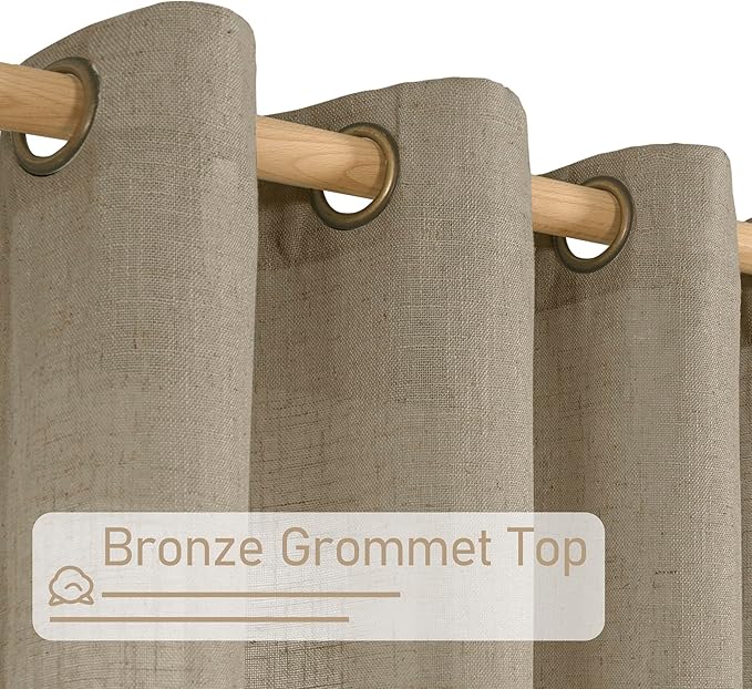 LAMIT Linen Curtains for Living Room 84 inch Length 2 Panels, Light Filtering Semi Sheer Curtains Bronze Grommet Farmhouse Panels for Bedroom/Sliding Glass Door, Taupe, 52 x 84 Inch