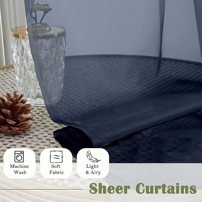 Lecloud Navy Blue Sheer Curtains 96 Inches Long 2 Pcs, Light Filtering Window Curtains for Living Room Bedroom Dining Room, Vintage Home Decor Rod Pockets Privacy Drapes, Each Panel 59" W x 96" L