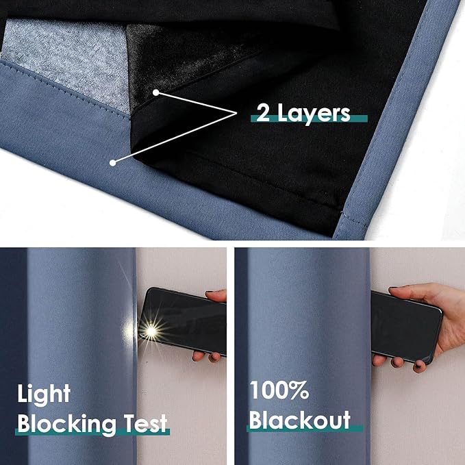 ChrisDowa 100% Blackout Curtains for Bedroom with Black Liner, 2 Thick Layers Total Blackout Thermal Insulated Grommet Window Curtains 2 Panels Set (Stone Blue, 52 x 54 Inch)