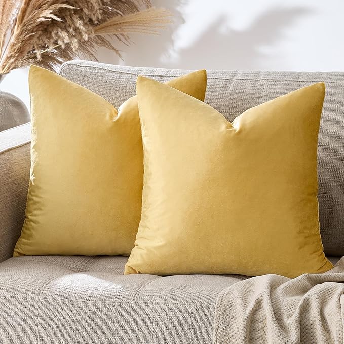 GIGIZAZA Decorative Couch Throw Pillow Covers,Set of 2 Yellow Square Pillow Cushion Covers 22x22,Pillow Cases Velvet Pillow Covers