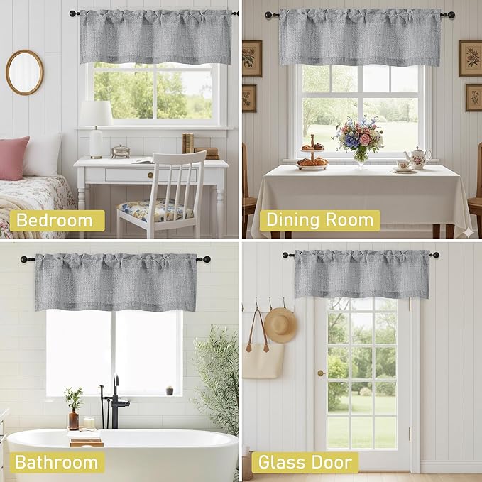 Valances for Windows, Light Filtering Faux Linen Textured Small Short Valance Curtains for Bathroom Basement Farmhouse, Rod Pocket Top Half Curtains for Windows, Gray 52Wx12L Inch