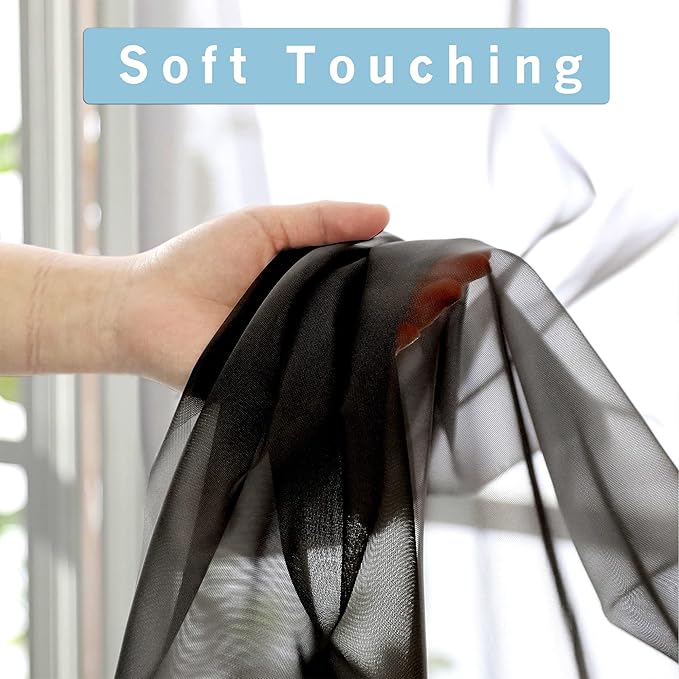 OWENIE Short Sheer Curtains 30 Inches 2 Panels Set, Kitchen Tiers Light Filtering Rod Pocket Cafe Curtains for Bathroom Small Half Window, 42 in W x 30 in L, Black