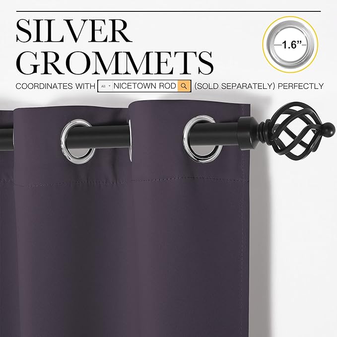 NICETOWN Blackout Curtains for Bedroom, Greyish Purple, 42 W by 80 L, Set of 2, Thermal Insulated Curtains & Drapes with Grommet Top for Living Room, Privacy Window Treatment Draperies