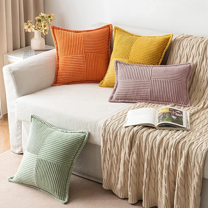 MIULEE Spring Decorative Lumbar Throw Pillow Covers for Couch Bed Livingroom 12x20 Inch Set of 2 Blush Pink Boho Throw Pllows Broadside Striped Patchwork Soft Corduroy Pillowcases Valentine Decor