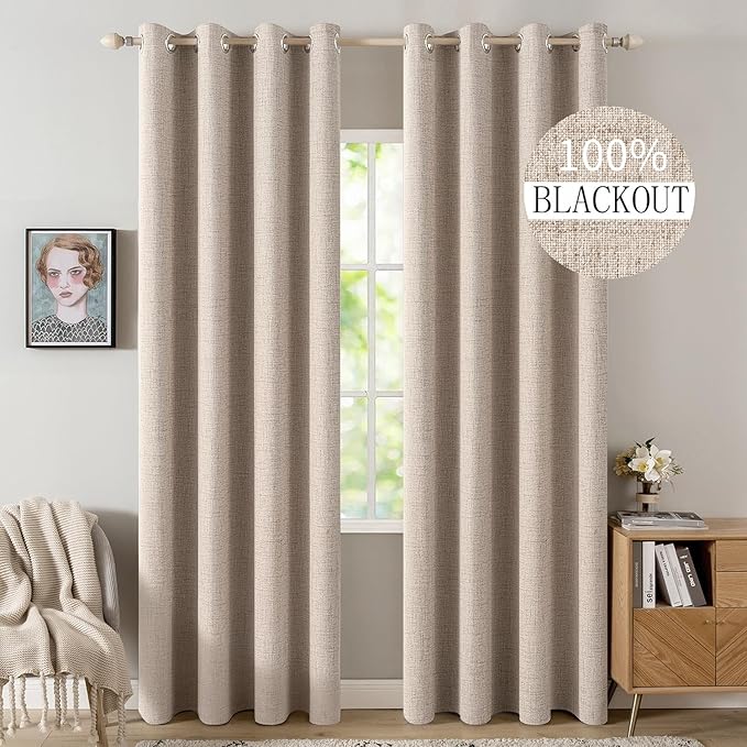 MIULEE 100% Blackout Linen Textured Curtains for Bedroom Solid Thermal Insulated Natural Beige Grommet Room Darkening Curtains & Drapes Luxury Decor for Living Room Nursery 52 x 80 Inch (2 Panels)