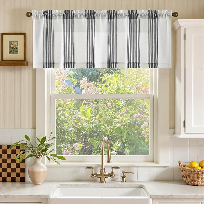 jinchan Striped Linen Valance Curtain 16 Inch Vertical Striped Valance for Kitchen Bathroom Light Filtering Rod Pocket Cottagecore Farmhouse Semi Sheer Short Window Curtain 1 Panel Black