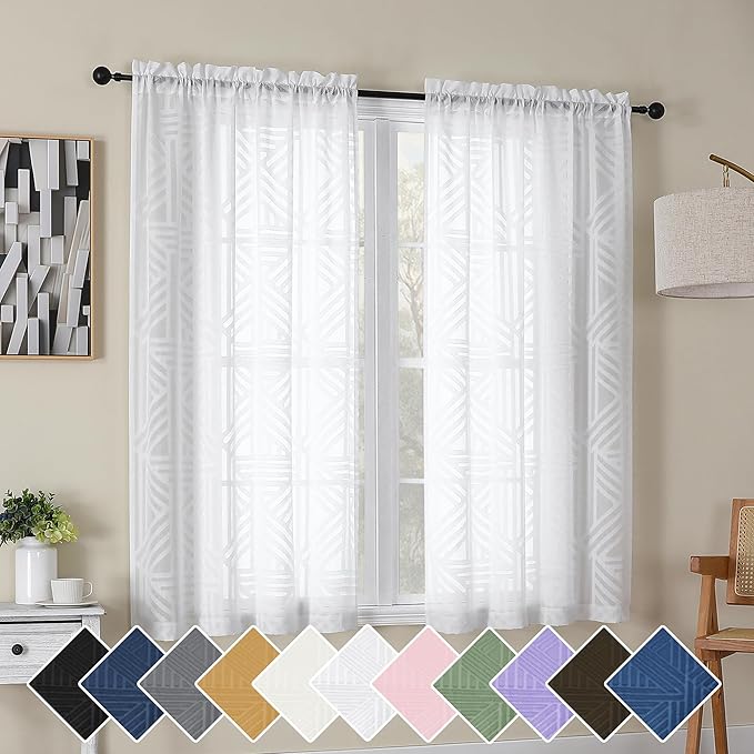 Simplebrand Semi Sheer White Curtains 45 Inch Length 2 Panels, Geometric Jacquard Clip Textured Short Sheer Curtains for Bedroom，Modern Elegant Window Curtains Panels/Drapes/Treatment Sheer，42x45 inch
