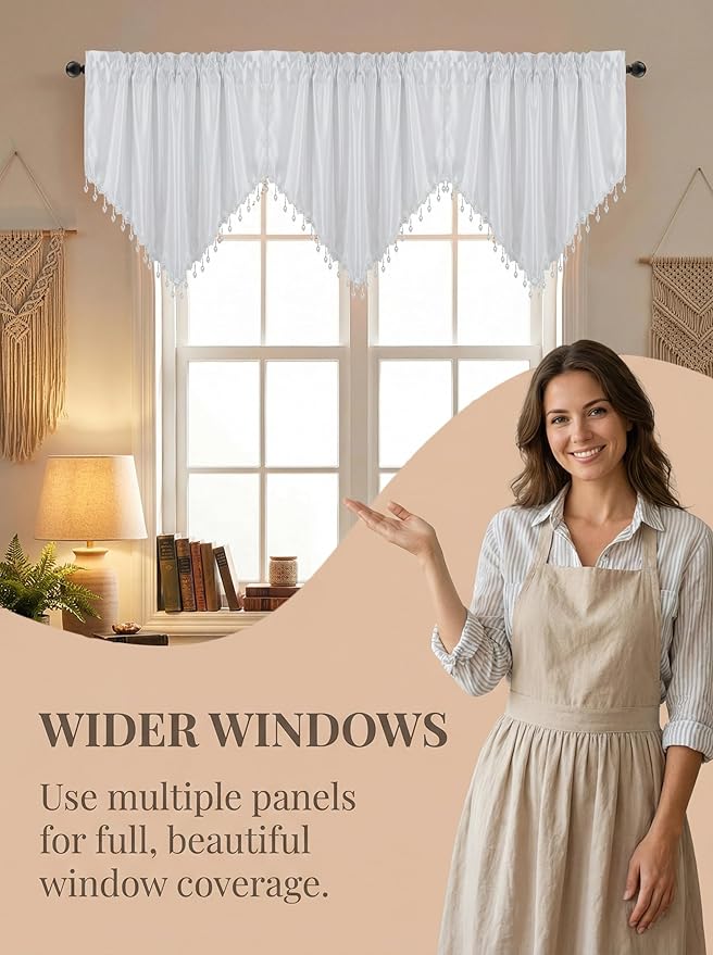 Molaxhome Swag Curtain 51 inch Length Rod Pocket Scalloped Curtain Valance Sheer Lace Panels with Hanging Crystal Beads for Kitchen Bedroom Window Treatments Drape Decor 1pc (Cloth White, 51Wx23L)