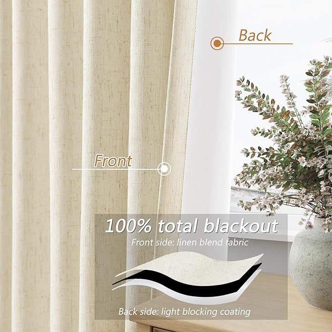 Guken 100% Blackout Curtains 100 Inch Length 2 Panels Set for Living Room Bedroom Back Tab Thermal Insulated Black Out Linen Drapes Room Darkening Window Curtains 100 Inches Long,Warm Beige