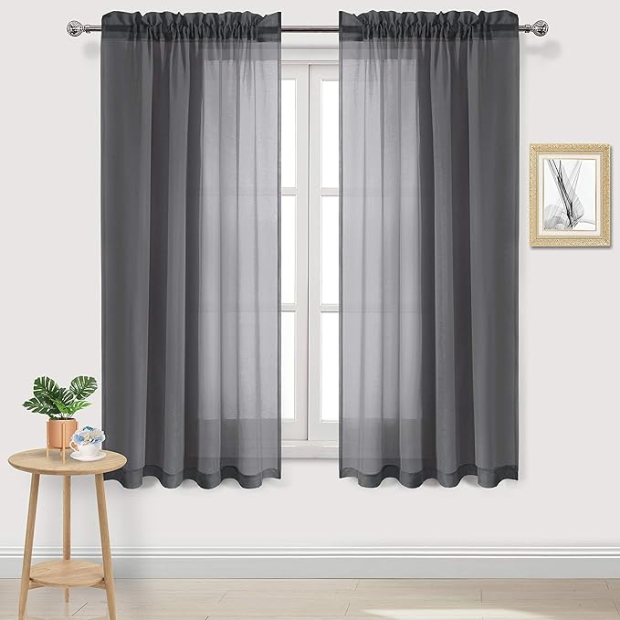 DWCN Dark Gray Sheer Curtains Semi Transparent Voile Rod Pocket Curtains for Bedroom and Living Room, 52 x 72 inches Long, Set of 2 Panels