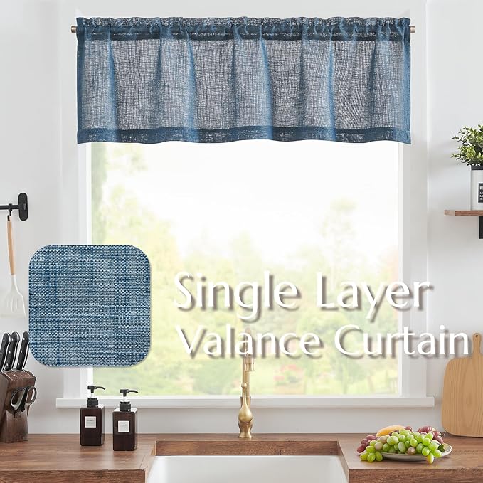 jinchan Sheer Valance Curtain Linen Textured Valance for Kitchen Living Room Bedroom Voile Window Light Filtering Farmhouse Country Rod Pocket 1 Panel 16 Inch Length Navy Blue