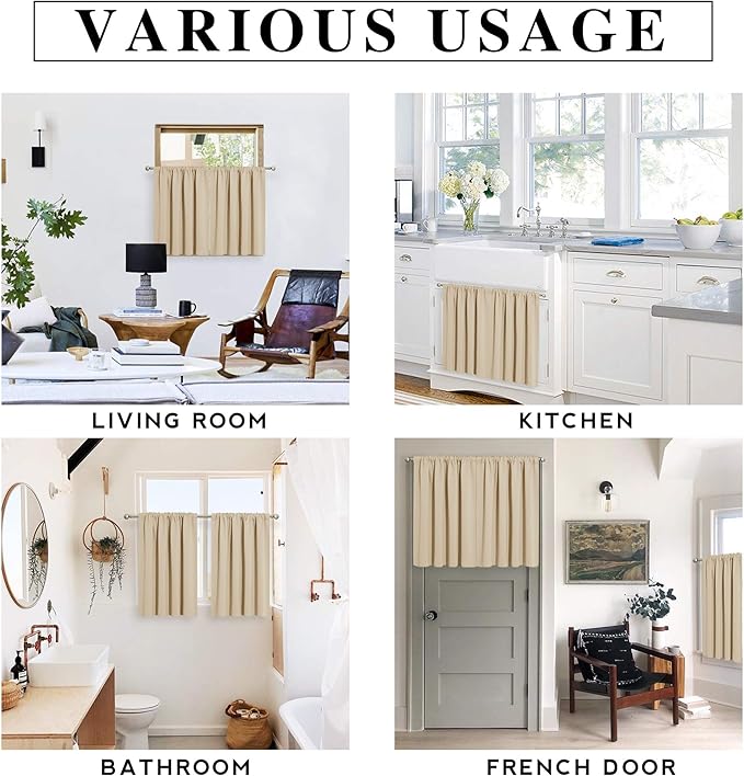 RYB HOME Basement Bathroom Kitchen Cafe Privacy Curtains, Short Insulating Light UV Heat Blocking Privacy Curtain Tiers for Laundry Room, Width 34 by Length 30, Biscotti Beige, 2 Panels