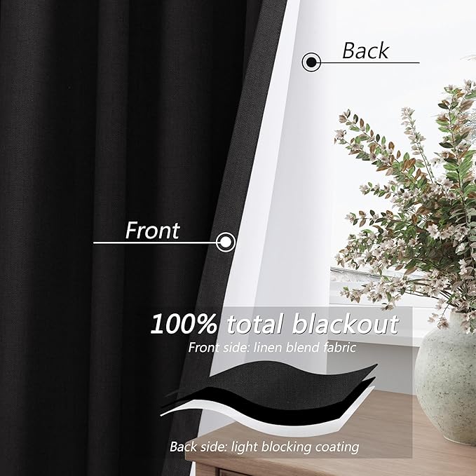 Guken Black 100% Blackout Curtains 108 Inch Length 2 Panels Set for Living Room Bedroom Back Tab Thermal Insulated Black Out Linen Drapes Room Darkening Window Curtains 52x108