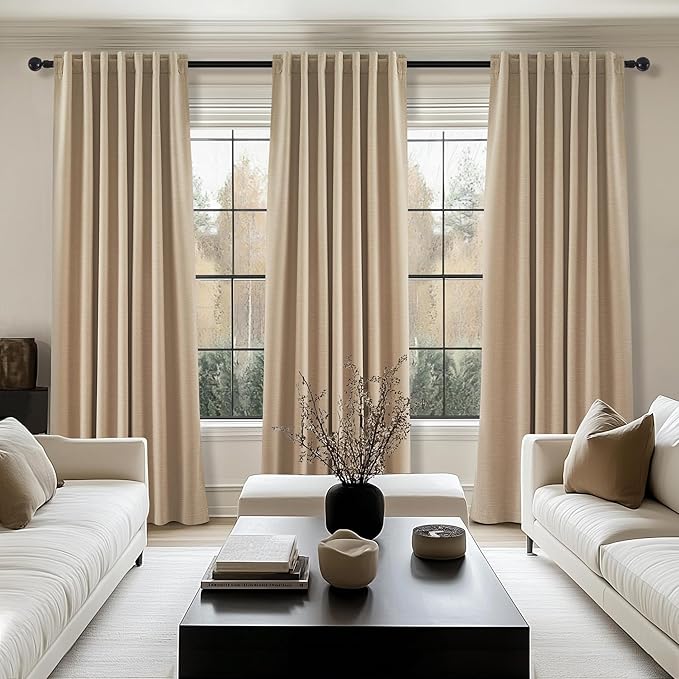 Topfinel Blackout Linen Blend Curtains 96 Inches Long 2 Panels,Black Out Drapes for Bedroom Living Room, Back Tab and Rod Pocket,Pinch Pleat Style with Hooks,Tan Light Taupe 52" Wide and 96" Length