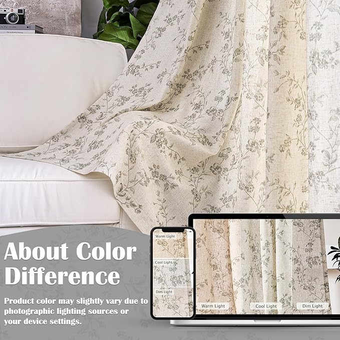 Lazzzy Floral Linen Curtains Farmhouse Extra Long Curtain for Living Room Bedroom Light Filtering Vintage Rod Pocket Back Tab Drapes for Home, 2 Panels, Gray on Beige, W38 X L108
