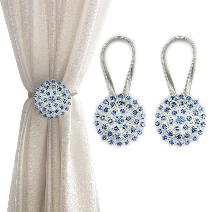 Magnetic Tiebacks for Curtains, 2 Pack Sparkling Crystal Flower Curtain Tiebacks Curtain Buckle Clips with High-Elastic Spring Wire for Home Office Decoration (Royal Blue)
