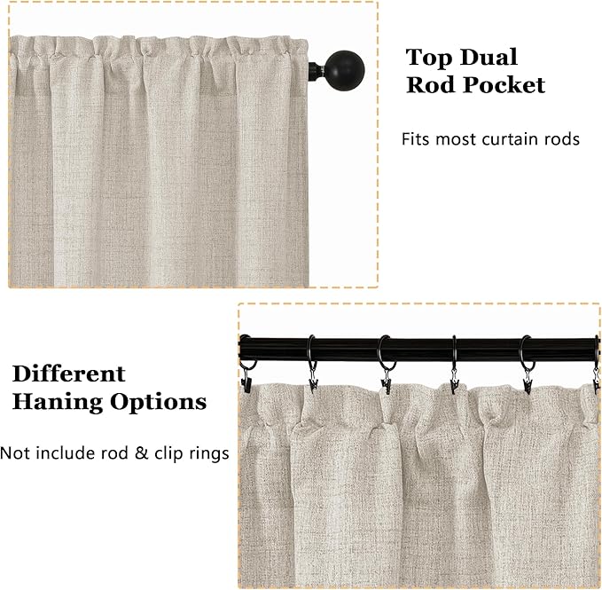 OWENIE Natural Valances for Windows 1 Pcs 22 Inch Length, Light Filtering Textured Short Small Valance Curtains for Bathroom Basement Living Room Bedroom, Half Window Curtains Over Sink, 60"W by 22"L
