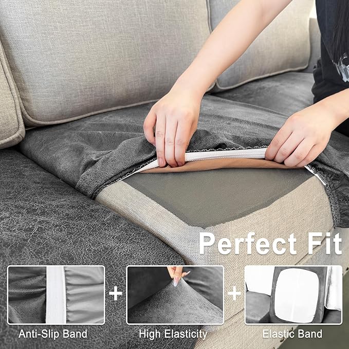 Leather Look Couch Cushion Covers Sofa Seat Slipcovers Sets Couches Furniture Protector for Sectional Armchair Loveseat Pets Kids Stretch Spandex Fabric (1 Cushion Sofa, Light Grey)