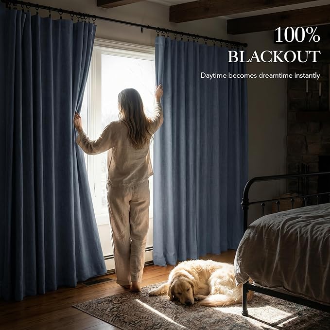RYB HOME Linen Texture Curtains for Bedroom, 100% Blackout Thermal Insulated Curtains, Rod Pocket&Back Tab Room Darkening Drapes Luxury Decor for LivingRoom/Nursery, W52xL84, 2 Panels, Smoky Blue