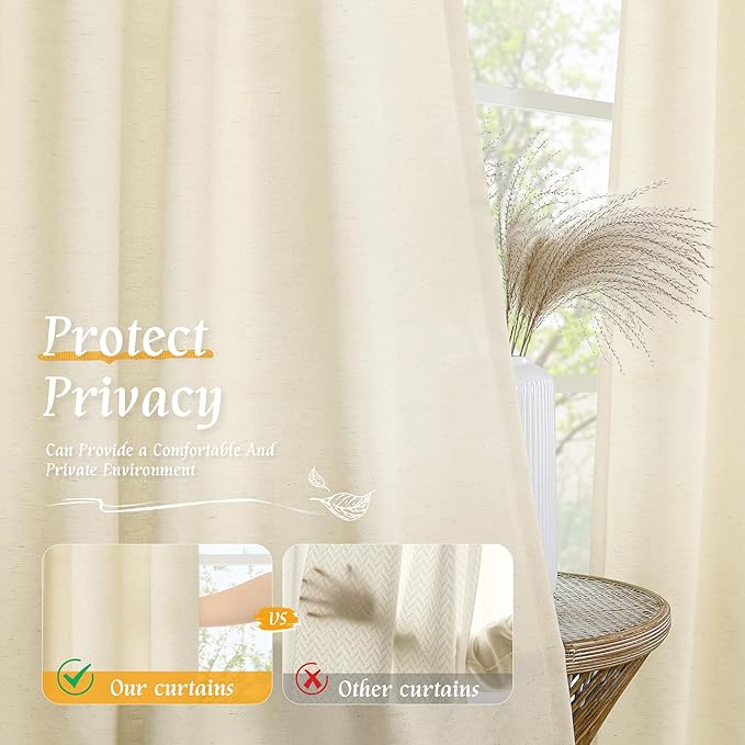 LAMIT Light Beige Linen Semi Sheer Curtains 45 Inch for Bedroom, Light Filtering Neutral Privacy Window Curtains Boho Rod Pocket Living Room Decor Panels for Loft Room, 2 Panels, 42 x 45 Inch
