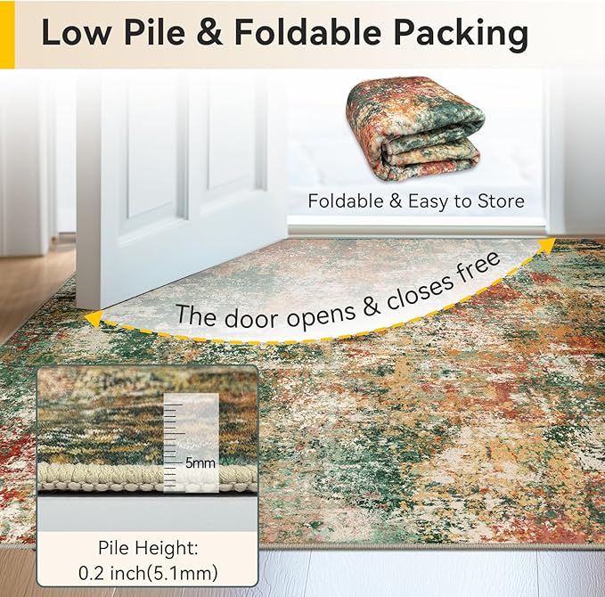 Washable Area Rugs 6ft Non-Slip Modern Abstract Soft for Living Room Entryway Bedroom Nursery, Print Pattern, Green Orange Rust Red Cream Colorful
