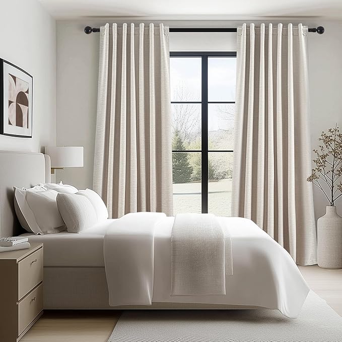 Topfinel Oatmeal Linen Blackout Curtains 96 Inches Long 8 FT Tall 2 Panels, Modern Decorative Sound/Draft/Cold/Warm Blocking Heavy Thermal Rustic Country Curtains for Living Room 52x96 2 pcs